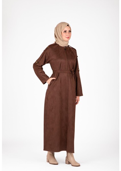 Omuz ve Kolları Detaylı Kahve Süet Ferace 9469 modelleri
