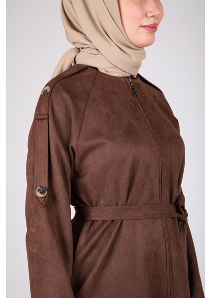 Omuz ve Kolları Detaylı Kahve Süet Ferace 9469