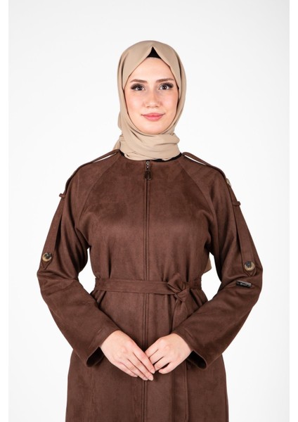Omuz ve Kolları Detaylı Kahve Süet Ferace 9469