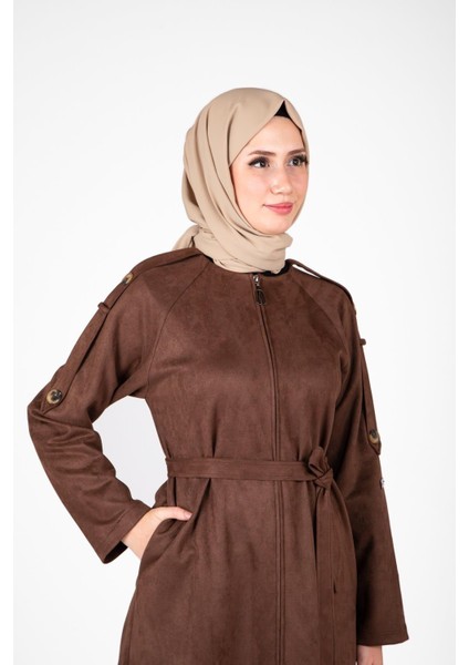 Omuz ve Kolları Detaylı Kahve Süet Ferace 9469