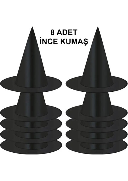 8 Adet Siyah Cadı Şapkası – Yetişkin &amp; Çocuk Kostüm Aksesuarı