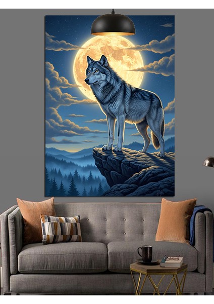 Dolunay Altında Kayalıktaki Bozkurt Dekoratif Kanvas - Mdf Ahşap Tablo