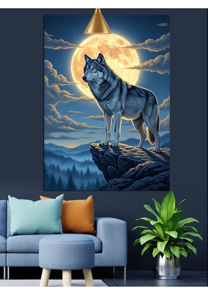 Dolunay Altında Kayalıktaki Bozkurt Dekoratif Kanvas - Mdf Ahşap Tablo fiyatları