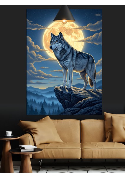 Dolunay Altında Kayalıktaki Bozkurt Dekoratif Kanvas - Mdf Ahşap Tablo modelleri