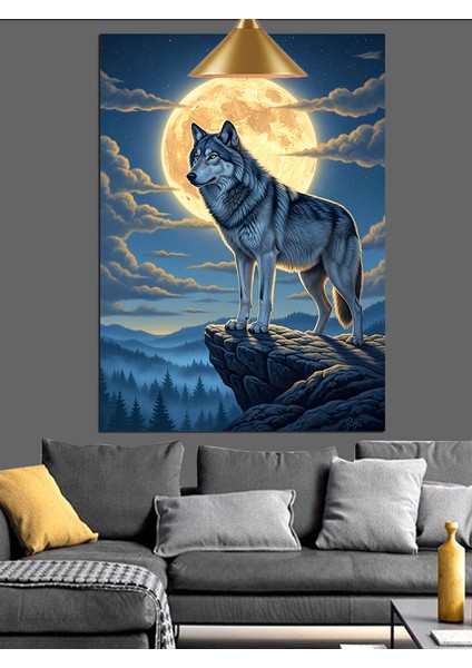 Dolunay Altında Kayalıktaki Bozkurt Dekoratif Kanvas - Mdf Ahşap Tablo fırsatları