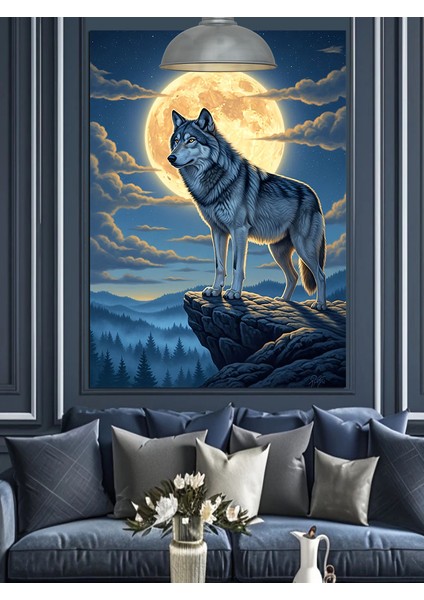 Dolunay Altında Kayalıktaki Bozkurt Dekoratif Kanvas - Mdf Ahşap Tablo indirimleri