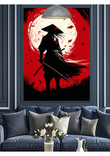 Kırmızı Samuray Kılıçlı Figür Dekoratif Kanvas - Mdf Ahşap Tablo