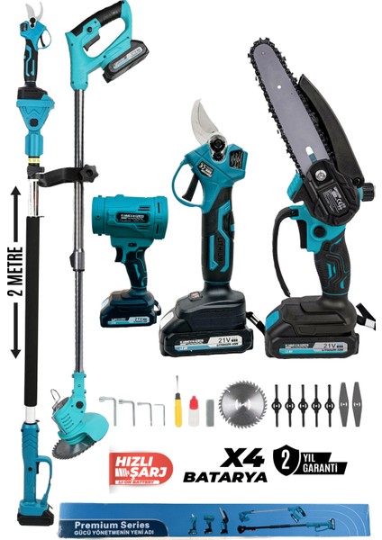 Profesyonel 5'li Set Şarjlı Makas Testere Çim Biçme ve Yaprak Üfleme Teleskopik Kollu