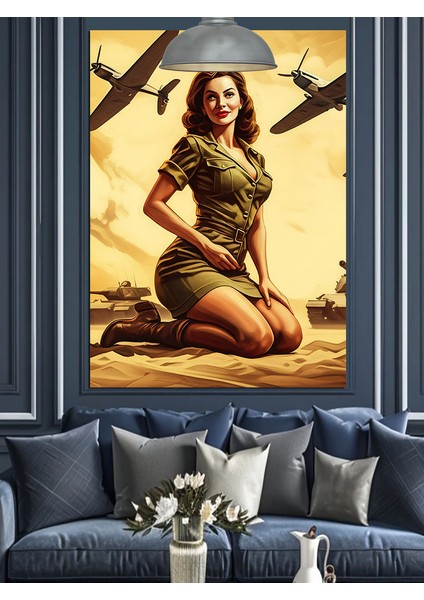 Savaş Uçakları ve Asker Kız Retro Dekoratif Kanvas - Mdf Ahşap Tablo