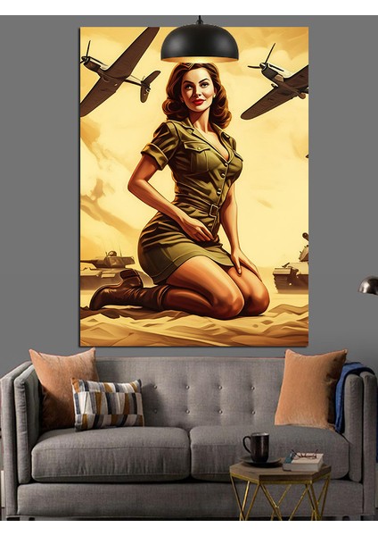Savaş Uçakları ve Asker Kız Retro Dekoratif Kanvas - Mdf Ahşap Tablo fiyatları