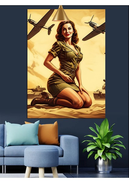 Savaş Uçakları ve Asker Kız Retro Dekoratif Kanvas - Mdf Ahşap Tablo modelleri