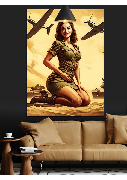 Savaş Uçakları ve Asker Kız Retro Dekoratif Kanvas - Mdf Ahşap Tablo fırsatları
