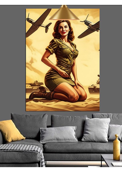 Savaş Uçakları ve Asker Kız Retro Dekoratif Kanvas - Mdf Ahşap Tablo indirimleri