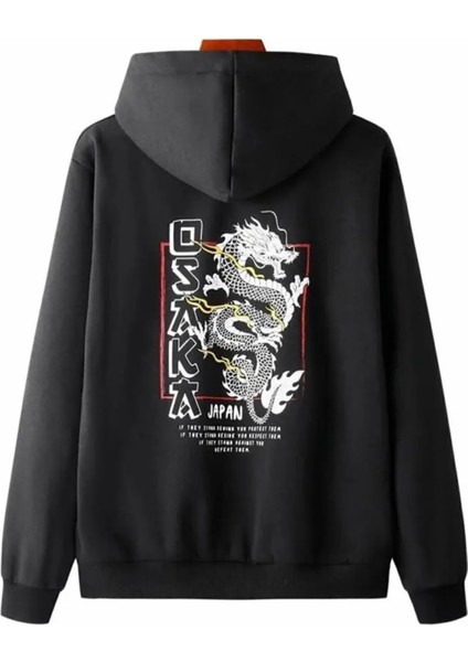 Punıx Büyük Beden Osaka Japan Ejderha Sırt Baskılı Kalın Kışlık Battal Erkek Sweatshırt