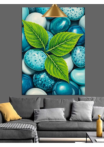 Mavi Renkli Çakıltaşları Yeşil Yaprak Dekoratif Kanvas - Mdf Ahşap Tablo
