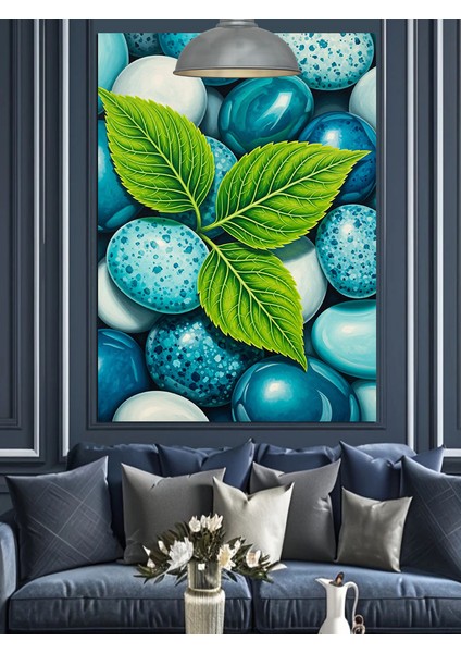 Mavi Renkli Çakıltaşları Yeşil Yaprak Dekoratif Kanvas - Mdf Ahşap Tablo fiyatları