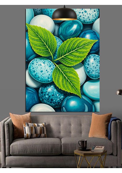 Mavi Renkli Çakıltaşları Yeşil Yaprak Dekoratif Kanvas - Mdf Ahşap Tablo modelleri