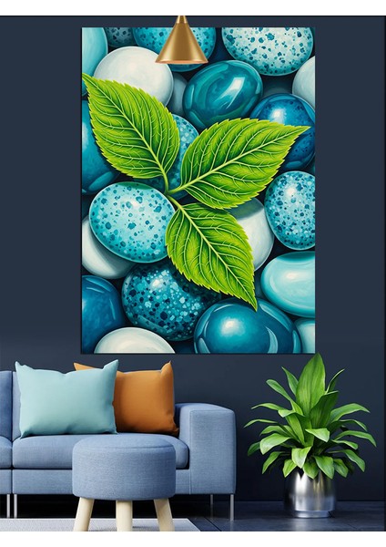 Mavi Renkli Çakıltaşları Yeşil Yaprak Dekoratif Kanvas - Mdf Ahşap Tablo fırsatları