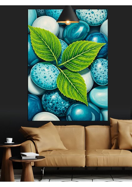 Mavi Renkli Çakıltaşları Yeşil Yaprak Dekoratif Kanvas - Mdf Ahşap Tablo indirimleri