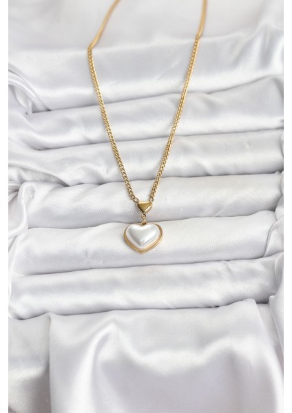 316L Çelik Zincir Gold Renk Bombeli Kalp Model Kadın Kolye - Bamido