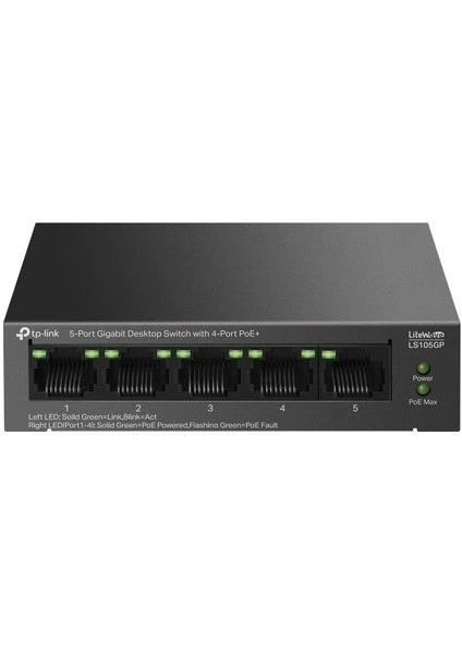 Tp-Lınk Litewave 4 Port LS105GP 10/100/1000 Gigabit Poe Switch (65W) Metal Kasa