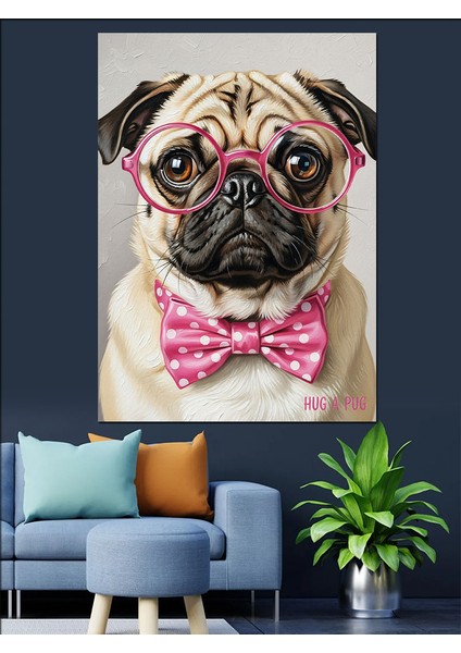 Gözlüklü Pug Köpek Portresi Dekoratif Kanvas - Mdf Ahşap Tablo