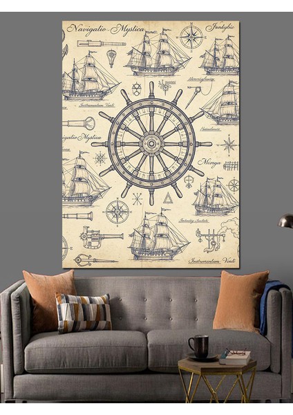 Eski Deniz Haritası Pusula Dekoratif Kanvas - Mdf Ahşap Tablo