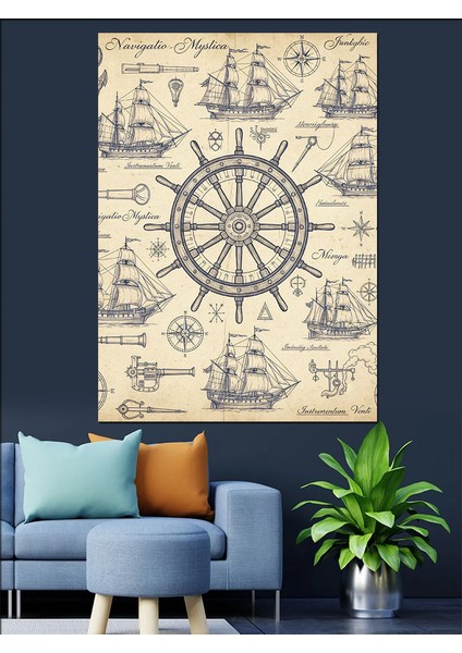 Eski Deniz Haritası Pusula Dekoratif Kanvas - Mdf Ahşap Tablo fırsatları