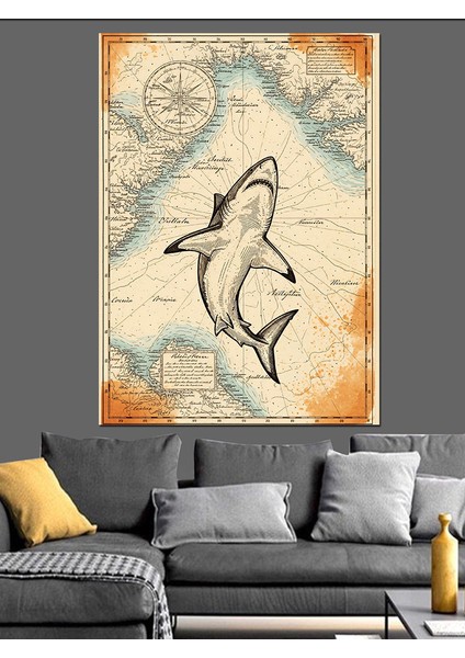 Eski Köpekbalığı Haritası Sanatı Dekoratif Kanvas - Mdf Ahşap Tablo