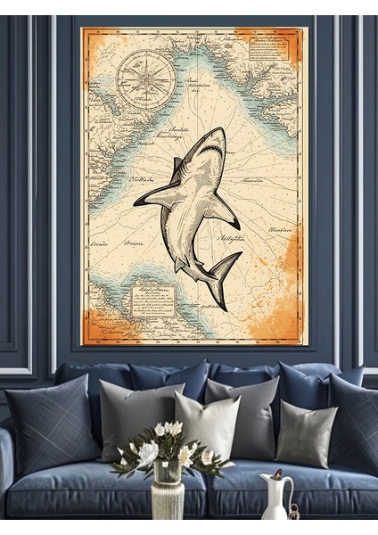 Eski Köpekbalığı Haritası Sanatı Dekoratif Kanvas - Mdf Ahşap Tablo fiyatları