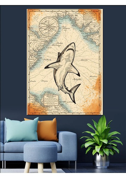 Eski Köpekbalığı Haritası Sanatı Dekoratif Kanvas - Mdf Ahşap Tablo modelleri