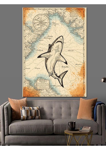 Eski Köpekbalığı Haritası Sanatı Dekoratif Kanvas - Mdf Ahşap Tablo indirimleri