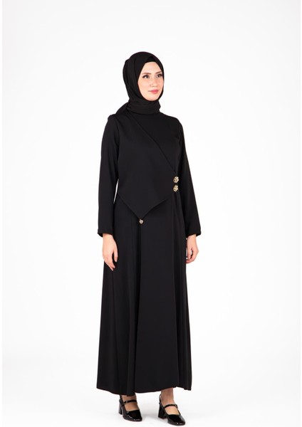 Düğme Detaylı Siyah Elbise 9430