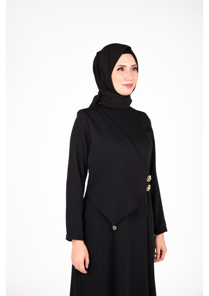 Düğme Detaylı Siyah Elbise 9430