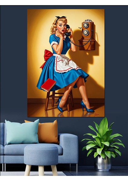 Eski Tarz Mavi Elbiseli Kız Dekoratif Kanvas - Mdf Ahşap Tablo