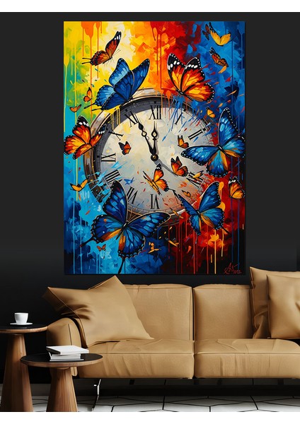 Soyut Kelebek Saat Manzarası Dekoratif Kanvas - Mdf Ahşap Tablo