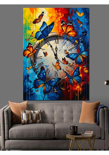 Soyut Kelebek Saat Manzarası Dekoratif Kanvas - Mdf Ahşap Tablo fiyatları