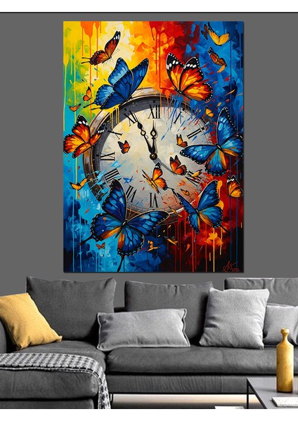 Soyut Kelebek Saat Manzarası Dekoratif Kanvas - Mdf Ahşap Tablo modelleri