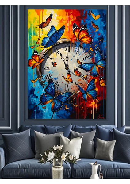 Soyut Kelebek Saat Manzarası Dekoratif Kanvas - Mdf Ahşap Tablo fırsatları