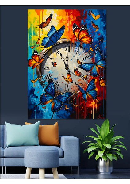 Soyut Kelebek Saat Manzarası Dekoratif Kanvas - Mdf Ahşap Tablo indirimleri