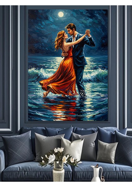 Romantik Sahil Dansı Çizimi Dekoratif Kanvas - Mdf Ahşap Tablo