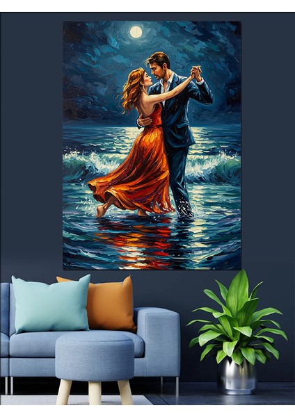 Romantik Sahil Dansı Çizimi Dekoratif Kanvas - Mdf Ahşap Tablo fiyatları
