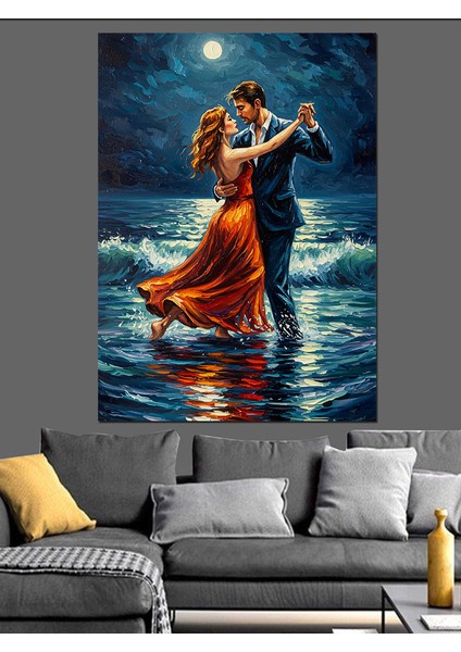 Romantik Sahil Dansı Çizimi Dekoratif Kanvas - Mdf Ahşap Tablo indirimleri