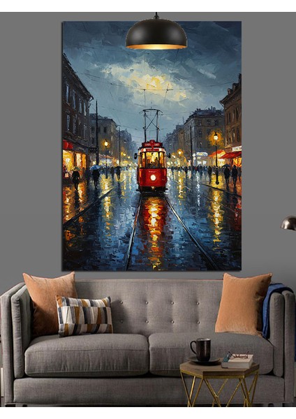Şehir Silüeti Gece Yansıması Kırmızı Tramvay Dekoratif Kanvas - Mdf Ahşap Tablo