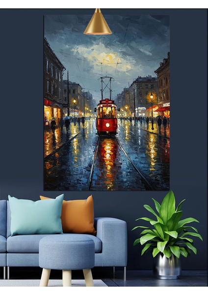 Şehir Silüeti Gece Yansıması Kırmızı Tramvay Dekoratif Kanvas - Mdf Ahşap Tablo fiyatları