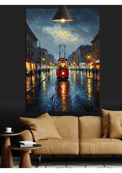 Şehir Silüeti Gece Yansıması Kırmızı Tramvay Dekoratif Kanvas - Mdf Ahşap Tablo modelleri