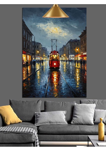 Şehir Silüeti Gece Yansıması Kırmızı Tramvay Dekoratif Kanvas - Mdf Ahşap Tablo fırsatları