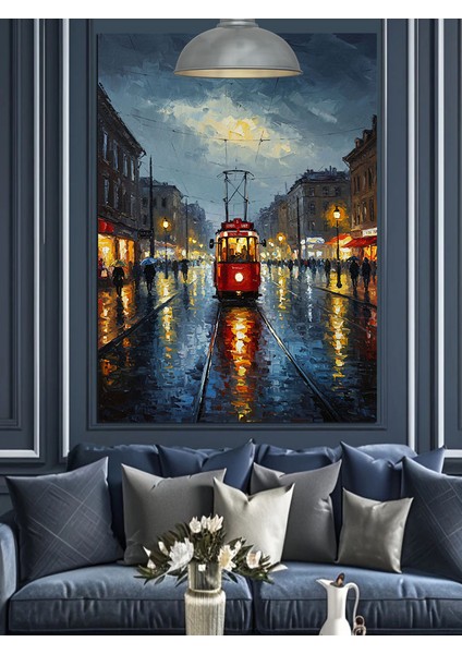 Şehir Silüeti Gece Yansıması Kırmızı Tramvay Dekoratif Kanvas - Mdf Ahşap Tablo indirimleri