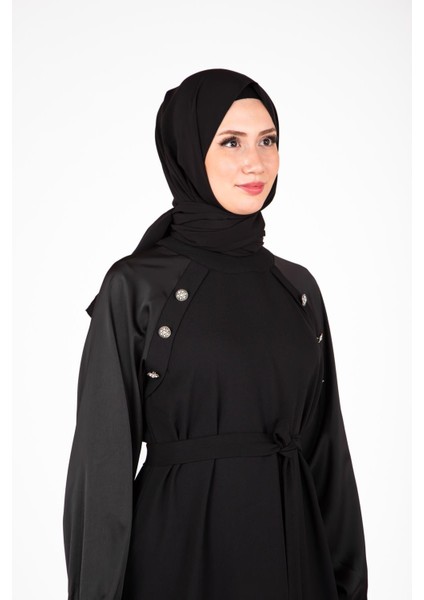 Omuz Kısmı Taş Aksesuarlı Siyah Renk Elbise 9429