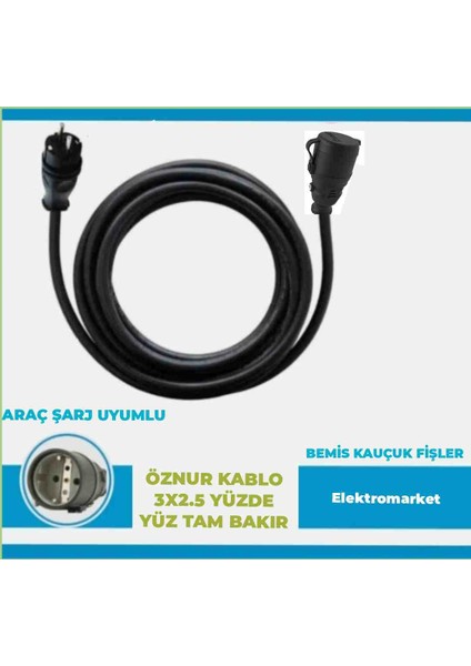 Kauçuk Fişli Araç Şarjı Uyumlu 10-50 Metre Arası (3x2.5 Ttr Öznur Kablolu Tam Bakır) Uzatma Seyyar